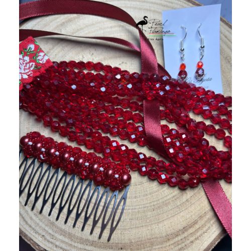 5 soros bordó ÜVEG gyöngy kaláris szett fülbevalóval és kontytűvel